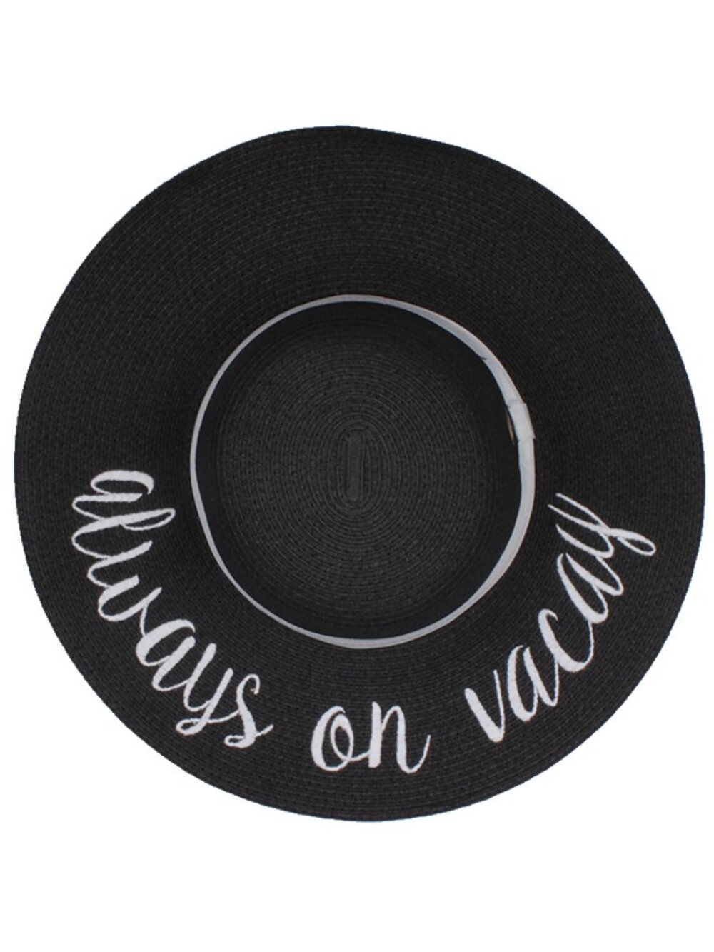 C.C ALWAYS ON VACAY Black Letter Spring Summer Ribbon Band Straw Brim Beach Hat